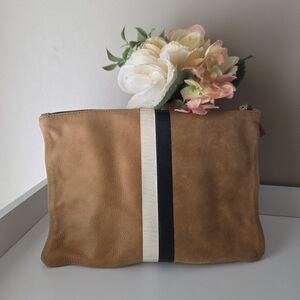 Clare V Tan Leather Toiletry Bag with Black and White Stripe